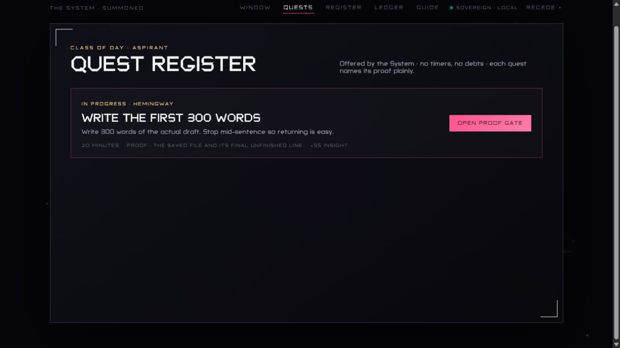 The running Ascent quest register with a real writing quest and its proof condition