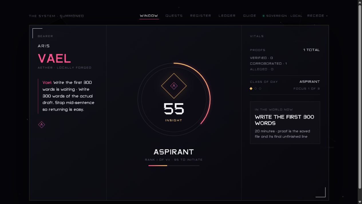 The running Ascent System Window showing Insight, rank, proofs, focus and Aether counsel
